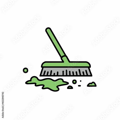 Green broom cleaning a spill on white surface. Cleaning spill with housekeeping broom. Broom cleaning reveals tidiness and hygiene, ideal for illustrating domestic chores or sanitation practices.