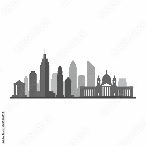 Cityscape skyline silhouette with modern skyscrapers and classical buildings. City skyline illustration includes various architectural styles, tall buildings, and historical structures.