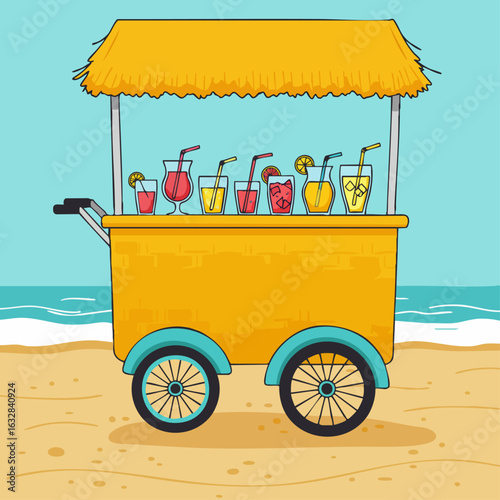 Beach drinks cart with various colorful summer drinks. Refreshing beach drinks cart offers tropical juices and lemonade.  Beach drinks stand concept for summer holidays, promotional materials,