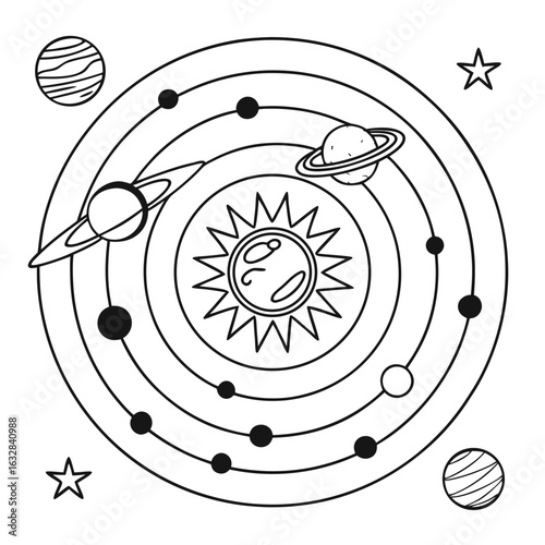 Stylized black and white illustration of the solar system with the sun and planets orbiting in concentric circles