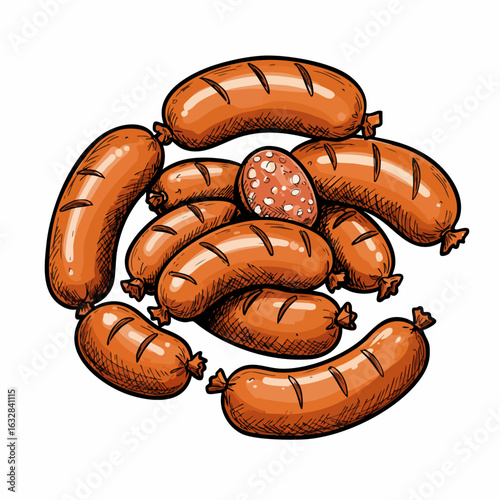 Sausages on white background, delicious sausages arranged creatively for sale. Tasty sausages of various kinds, including smoked and grilled, arranged.