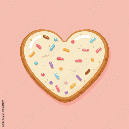 Heart shaped cookie with sweet frosting and colorful sprinkles for special occasions. Adorable heart shaped cookie with toppings represents love and affection.