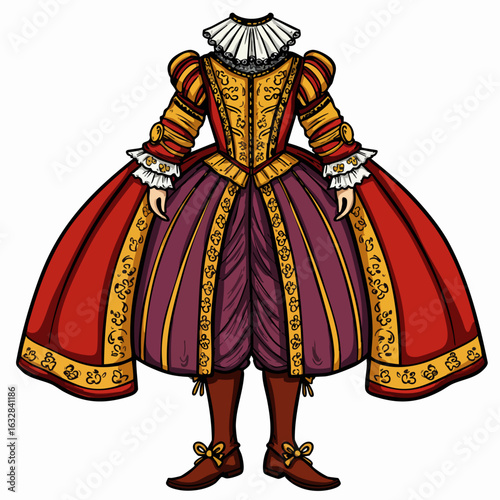 Historical costume with a ruff collar, red gown, and maroon pantaloons is ready for performance. Historical costume, fit for a queen, includes gold trim, shoulder pads, and puffed sleeves.