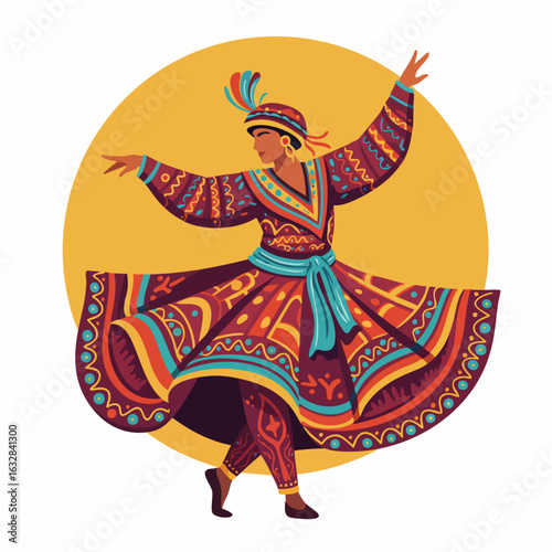 Depiction of a traditional dance showcases colorful attire and expressive movement. Traditional dance features elaborate ethnic clothing and dynamic posture, representing cultural heritage.