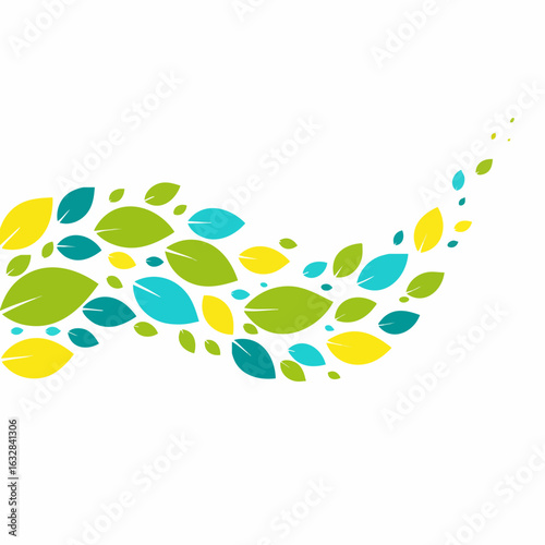 Leaf design with green, teal, and yellow leaves on white, creating organic flowing shape. Leaf design with diverse colored foliage, evoking spring season and nature's harmony.