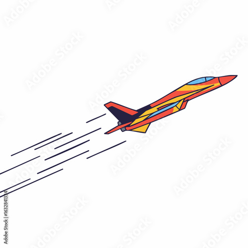 Colorful jet plane soars upward against blank backdrop. This jet plane looks streamlined, designed for speed and agility, ideal for air shows and aviation enthusiasts. See this jet plane in action,