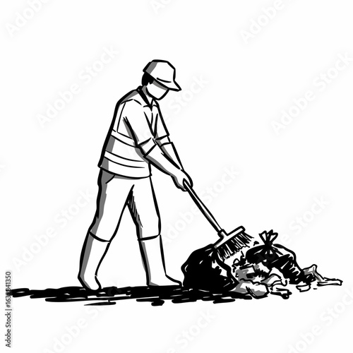 Sanitation worker cleaning up trash with a broom. Sanitation worker wearing protective clothing sweeping trash and debris, ensuring cleanliness, and sanitation.