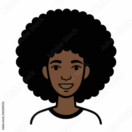 Smiling woman with afro hairstyle.  Happy woman portrait illustration with dark skin and big curly hair.  Afro hair style image perfect for websites and social media.