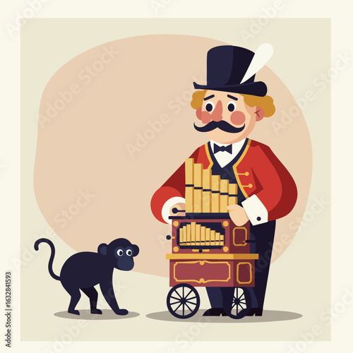 Vintage organ grinder with monkey playing cheerful music. Street performer with barrel organ and small primate creates festive atmosphere.