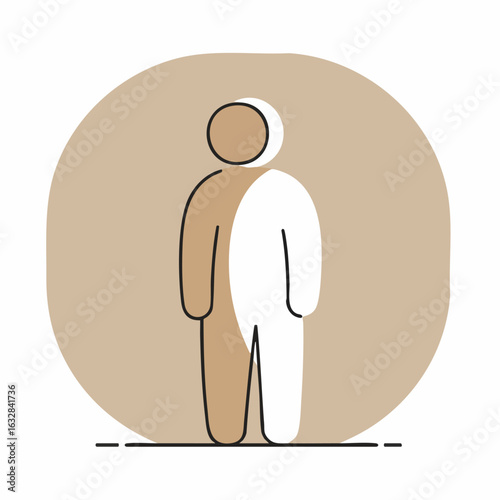 Person outline in contrasting color scheme with neutral circle behind it. Person outline is a graphic depiction of identity, split in two halves.