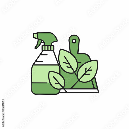 Green cleaning products, including spray bottle, dustpan, and leaves. Environmentally conscious green cleaning products, essential for household hygiene with sustainable practices.