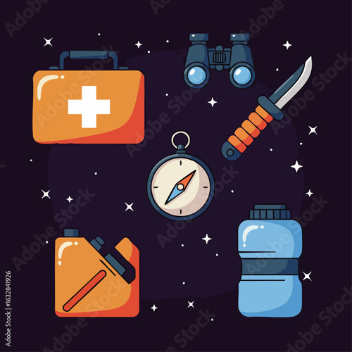 Camping essentials illustration featuring first aid kit, binoculars, and knife against starry sky. Camping essentials concept includes necessary gear for safe and enjoyable outdoor adventure.