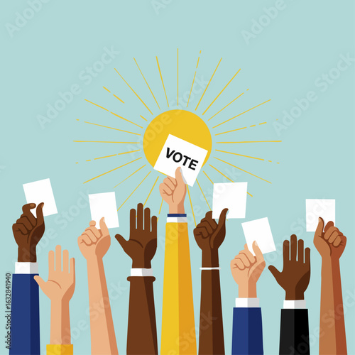 Hands raised holding Vote cards in front of shining sun, a call to democracy and voting. Group of multiethnic hands holds ballots during vote and elections, symbolizing civic participation.