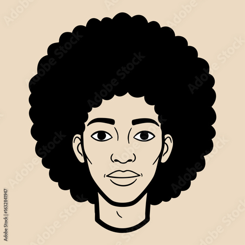 Afro hairstyle portrayed on woman with voluminous, natural hair in stylized illustration, showing afro hairstyle in a modern visual style.