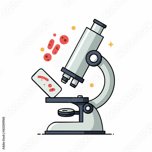 Microscope scientific analysis in detailed laboratory equipment with sample and blood cells for medical research. Microscope examination is critical for science experiments, biology studies,