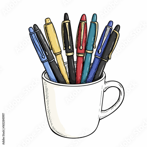 Pens in cup arranged in white ceramic mug for organized storage. Pens organized in a cup on table, drawing attention to collection of office tools and writing instruments.
