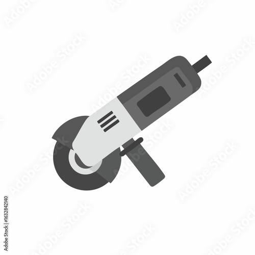 Angle grinder equipment in detailed construction work, gray on white. Angle grinder machinery for metal cutting and grinding in the workshop, featuring disc, guard, and handle.