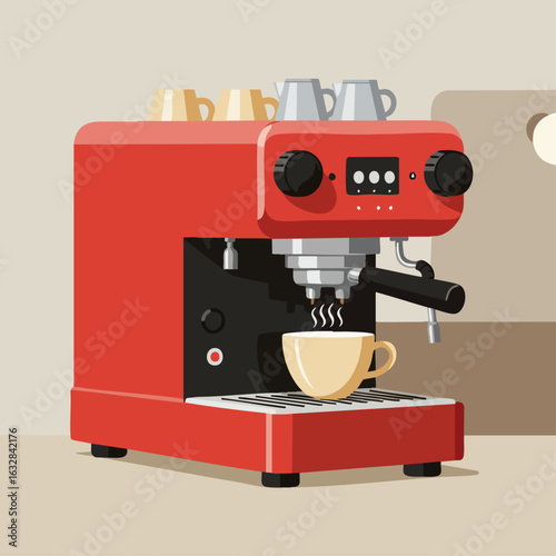 Espresso machine in vivid red with cups, a practical and elegant kitchen appliance. Espresso machine provides a touch of freshness with its bright color. Concept espresso machine for a modern kitchen,