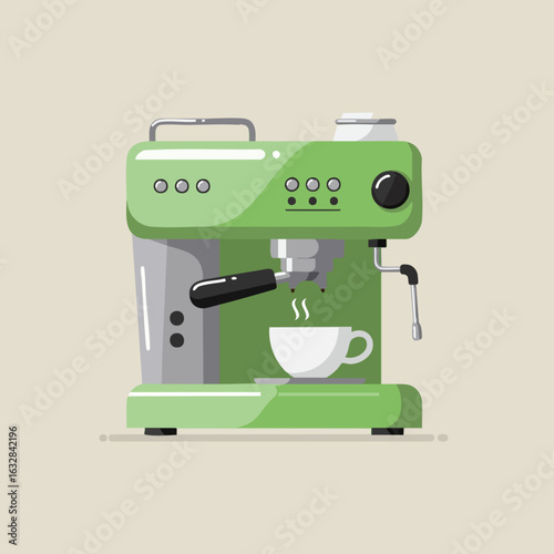 Green coffee maker prepares espresso. Coffee maker with brewing equipment is modern and sleek for home use. Fresh espresso from coffee maker is ideal for any coffee lover.