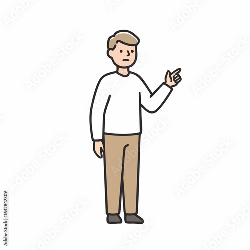 Man pointing in disbelief depicted in a simple cartoon art style is presented here, man gesturing in disbelief with a comical expression, conveying surprise or skepticism.