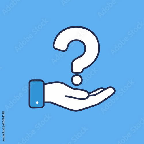 Question mark over open hand in blue background, representing uncertainty and problem solving. Question mark graphic in flat design suggesting decision making and guidance.