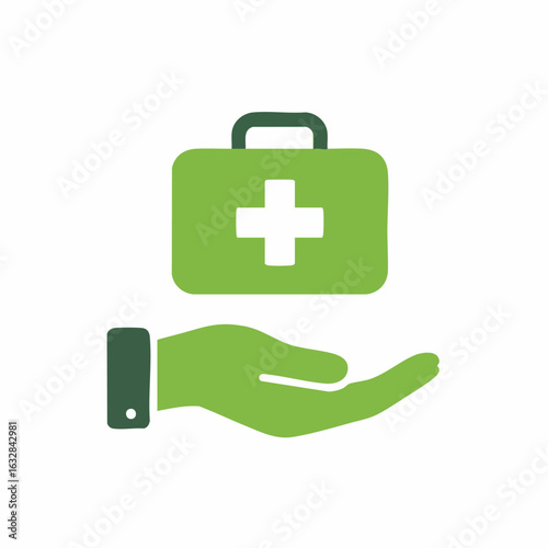 First aid kit graphic rests above an open hand, symbolizing support. First aid kit illustration shows essential medical supplies, designed for healthcare promotional materials.