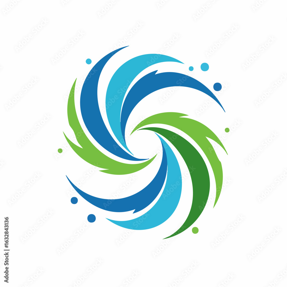 Naklejka premium Abstract swirling design in green and blue tones, resembling swirling design with abstract shapes. Circular swirling design evokes a sense of dynamic movement and flow,