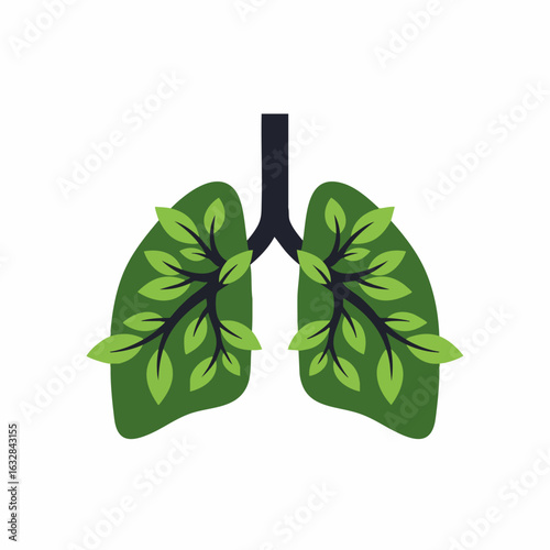 Green lungs health concept featuring stylized lungs adorned with leaves, showing wellness and vitality. Green lungs evoke clean air and a healthy respiratory system.