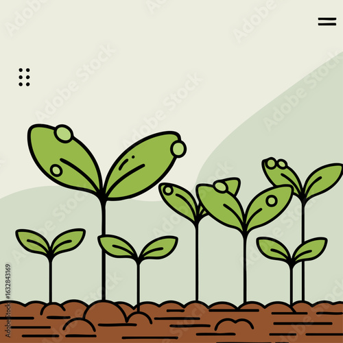Seedlings illustration on beige background showing concept of natural growth. Natural growth on fertile soil is a promising beginning.