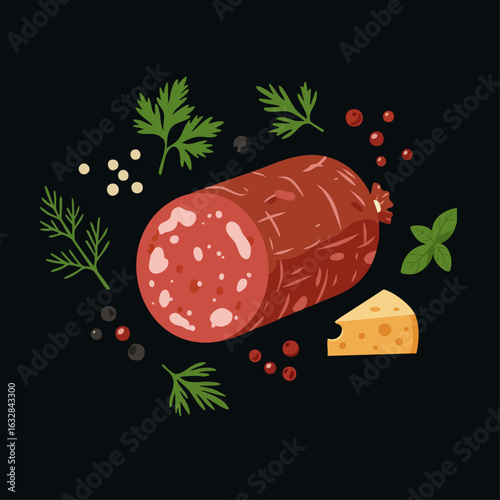 Sausage illustration featuring sliced sausage and herbs, showcasing appetizing meat product design. This sausage illustration displays classic cured sausage complemented by basil,
