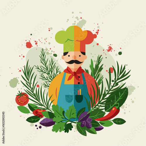 Chef illustration with colorful hat and apron surrounded by herbs and vegetables. Chef image presents culinary skills for various applications. This chef illustration could be useful for recipe books,