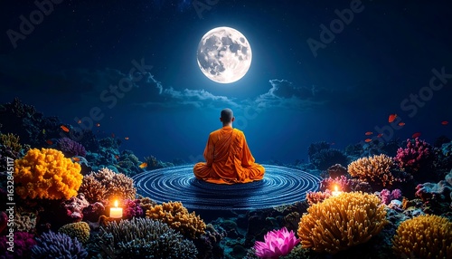 A monk meditating in a surreal underwater scene under a full moon