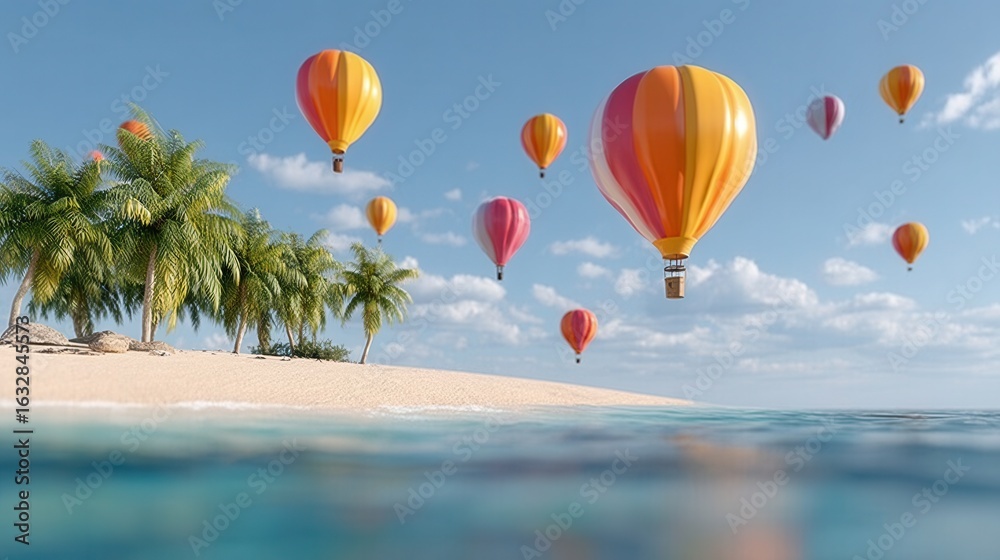 Fototapeta premium Colorful Hot Air Balloons Visit a Tropical Island Paradise for Digital Nomads