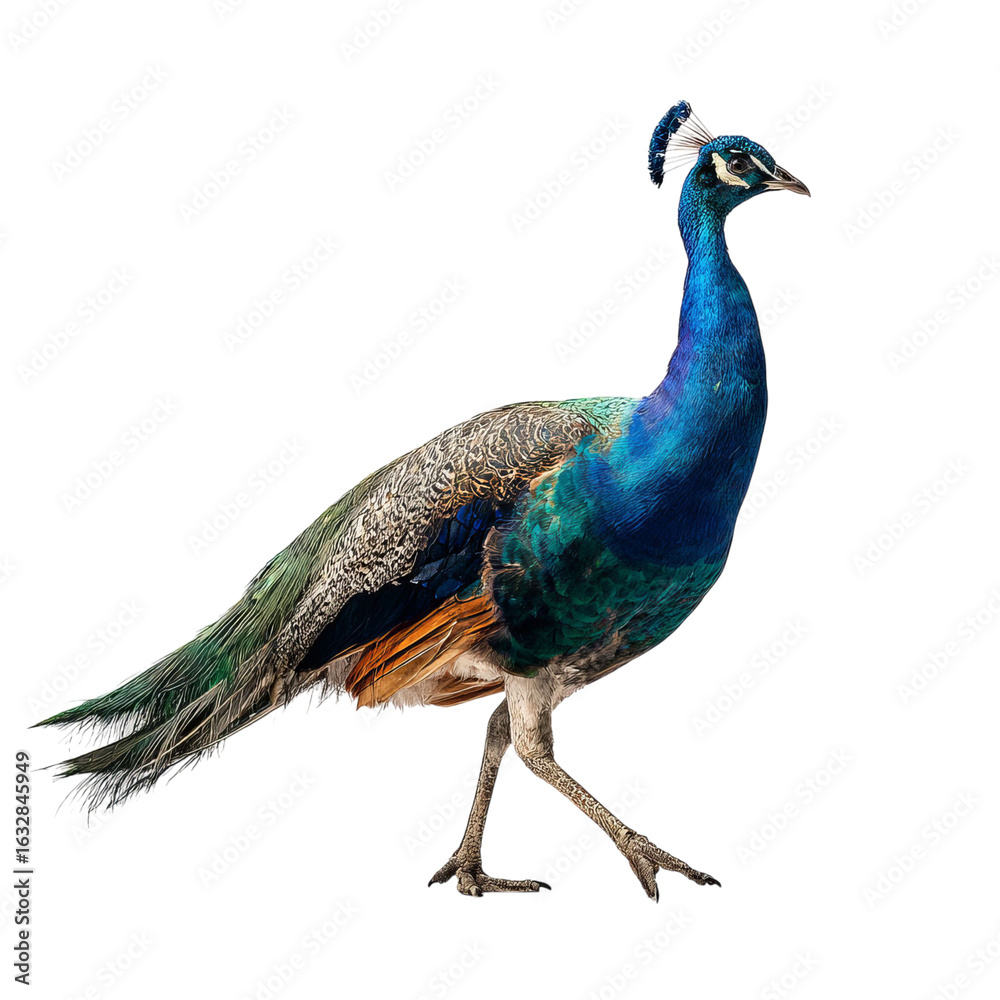 Fototapeta premium Png of A majestic peacock walks elegantly, showcasing its vibrant blue and green feathers against a clean backdrop.