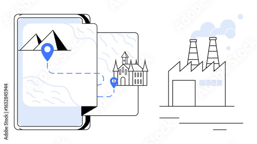 Smartphone displays map with location pins on mountains and castles, with adjacent factory. Ideal for travel, tourism, industry, logistics, navigation, technology location-based services. Simple