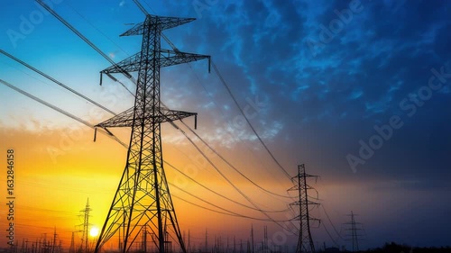 Power transmission lines against a colorful sunset sky