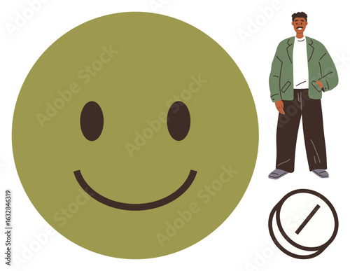 Simple green happy face, man in casual attire, and crossed-out circle symbol. Ideal for happiness, individuality, lifestyle, emotions, positivity uniqueness communication. A versatile and simple
