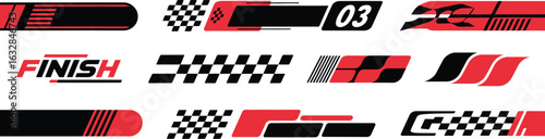 Set of racing stripe graphics for car vinyl decals. Vector collection of modern motorsport elements with checkered flag and finish line designs.