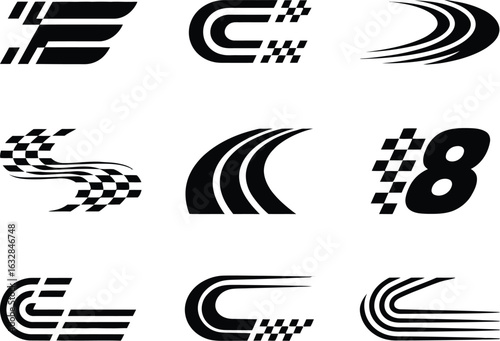 A collection of nine black and white racing icons and speed symbols, featuring dynamic stripes and checkered flag elements.
