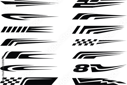 A set of twelve black and white racing stripe designs, including checkered flag patterns and speed lines for vehicle decals and motorsport graphics.