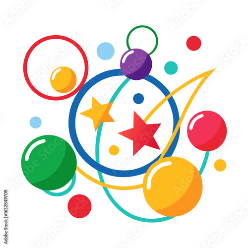 Colorful Juggling Pattern Vector with Spheres, Stars, and Rings on White Background