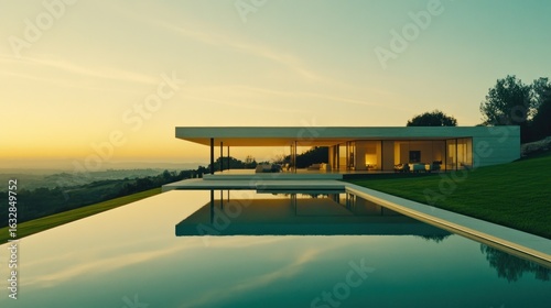 Wallpaper Mural Modern home architecture overlooking a reflective swimming pool at dusk Torontodigital.ca