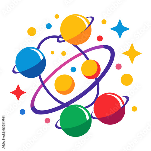 Colorful Juggling Pattern Vector with Spheres, Stars, and Rings on White Background