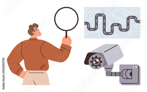 Man analyzing map with magnifying glass, nearby security camera tracking. Ideal for security, surveillance, investigation, crime prevention, navigation, monitoring research. Simple flat metaphor