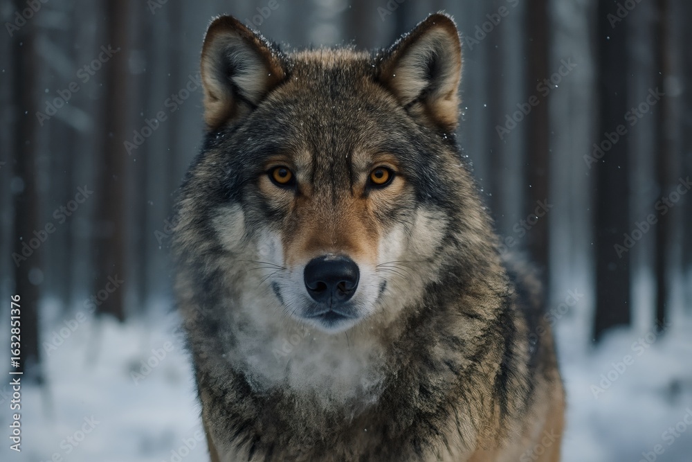 Obraz premium Majestic Wolf Staring in Snowy Forest – Wildlife Close-Up