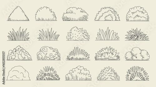 Hand drawn bush and grass icon set, black outline collection of garden shrub and foliage elements for landscape and design projects

