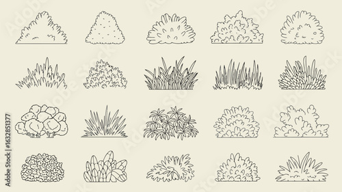 Hand drawn bush and grass icon set, black outline collection of garden shrub and foliage elements for landscape and design projects

