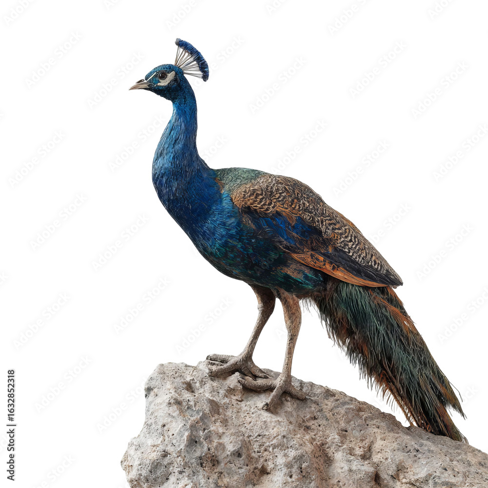 Obraz premium Png of A majestic peacock with vibrant blue and green feathers, perched gracefully on a rock against a clean background.
