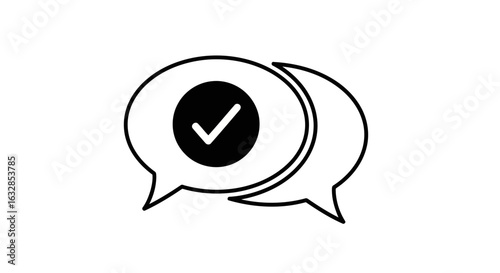 Vector art of a black and white icon of two overlapping chat bubbles, with a checkmark inside a circle in the first bubble, symbolizing successful communication