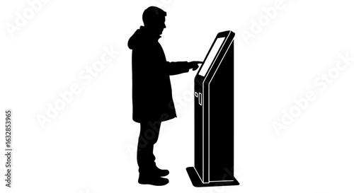 Vector art of silhouette of a person interacting with a modern touchscreen kiosk, highlighting technology and selfservice